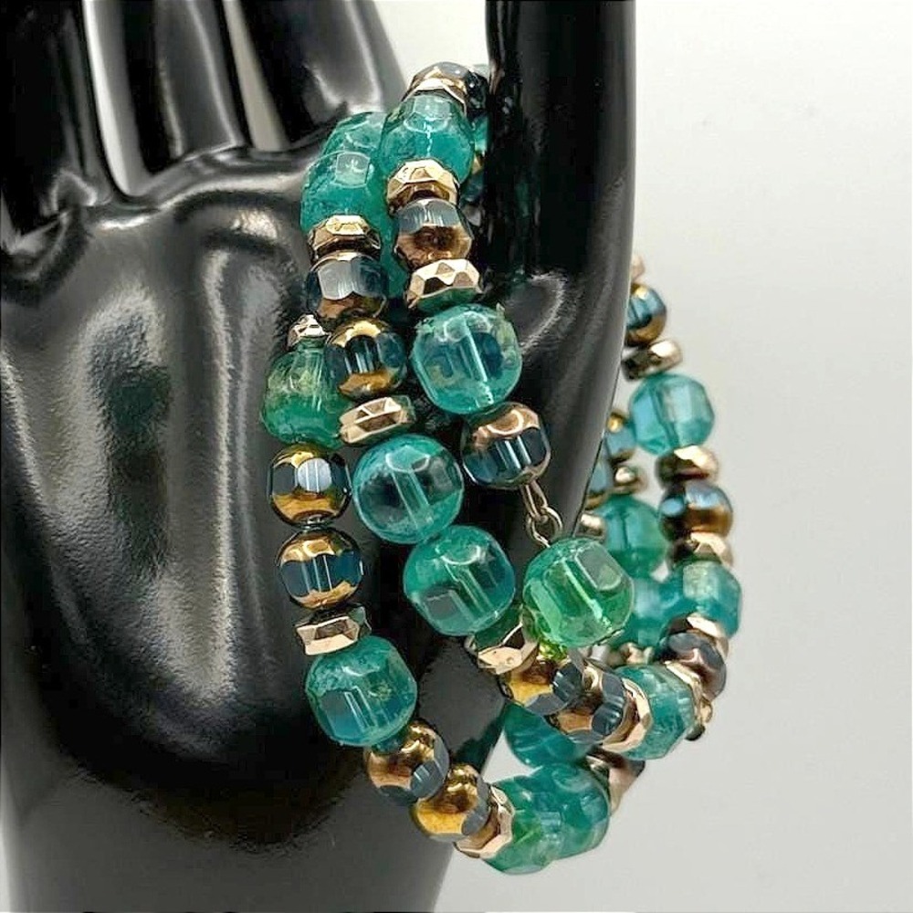 Vintage Teal Green Faceted Glass Bead Wrap Bracelet Bronze Metallic Spacers Boho